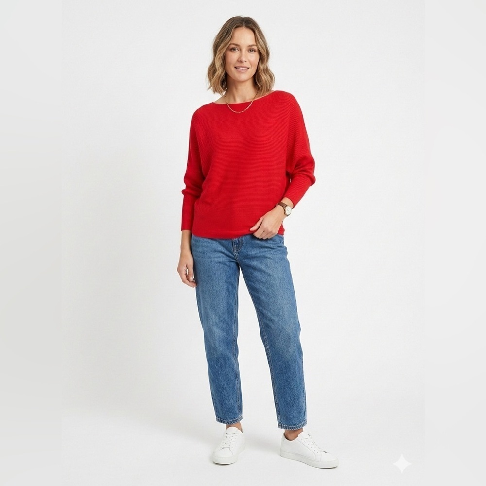 Philosophy Red Ribbed Boat Neck Sweater Medium Dolman Sleeve